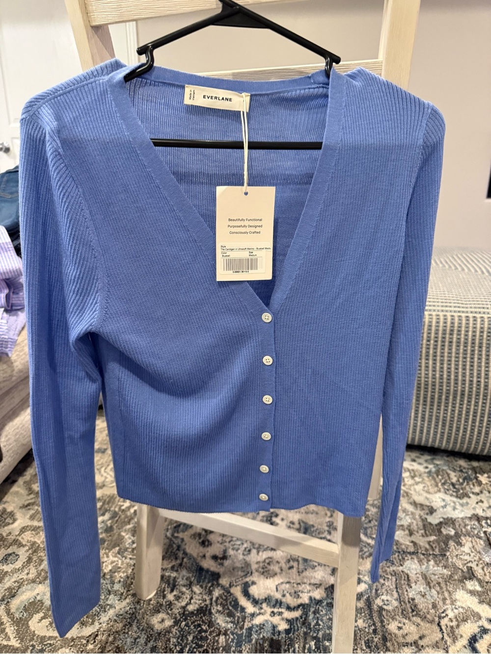 Everlane Blue Ribbed Button-Front V-Neck Cardigan